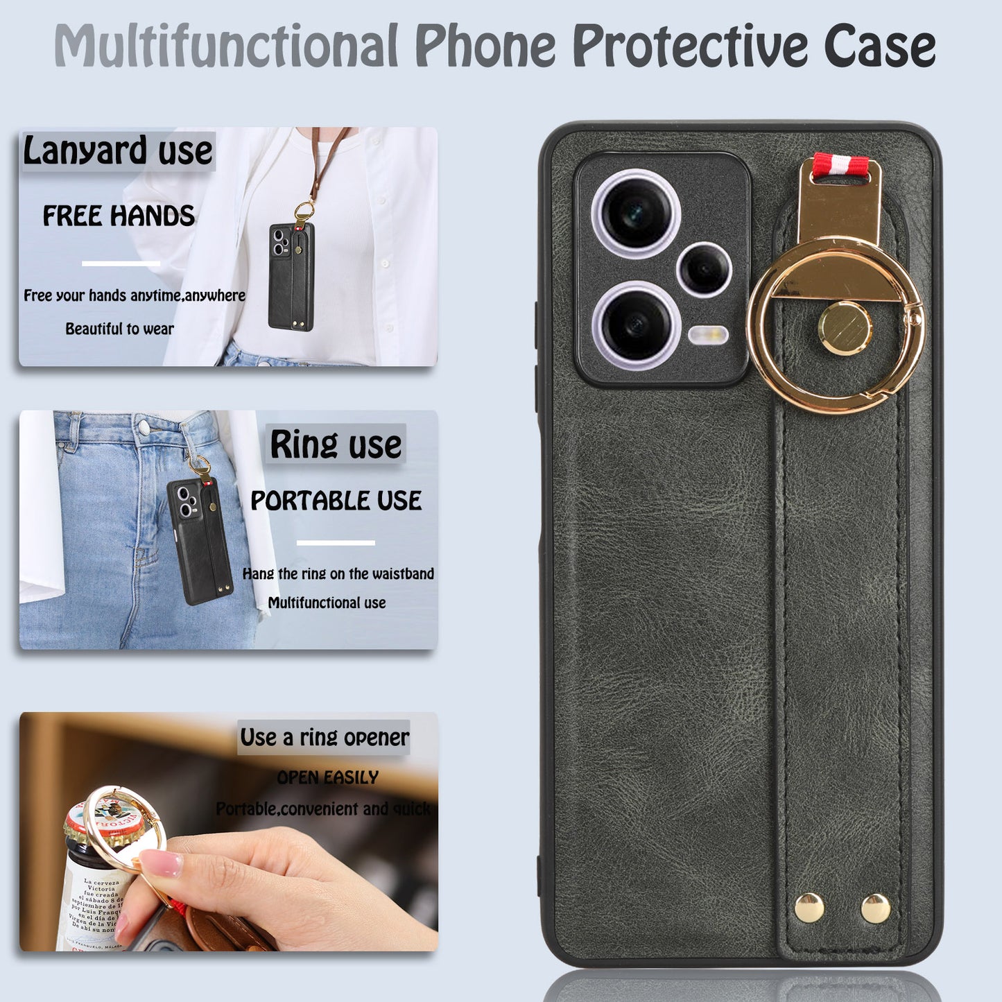 For Xiaomi Redmi Note 12 Pro 5G Wristband Kickstand PU Leather Coated PC+TPU Phone Case with Neck Strap