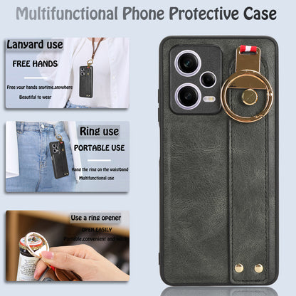 For Xiaomi Redmi Note 12 Pro 5G Wristband Kickstand PU Leather Coated PC+TPU Phone Case with Neck Strap