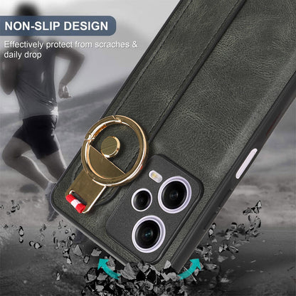 For Xiaomi Redmi Note 12 Pro 5G Wristband Kickstand PU Leather Coated PC+TPU Phone Case with Neck Strap