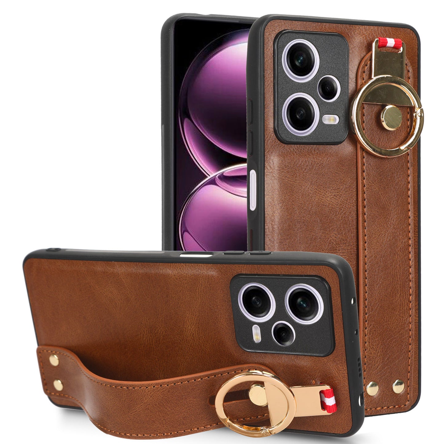 For Xiaomi Redmi Note 12 Pro 5G Wristband Kickstand PU Leather Coated PC+TPU Phone Case with Neck Strap