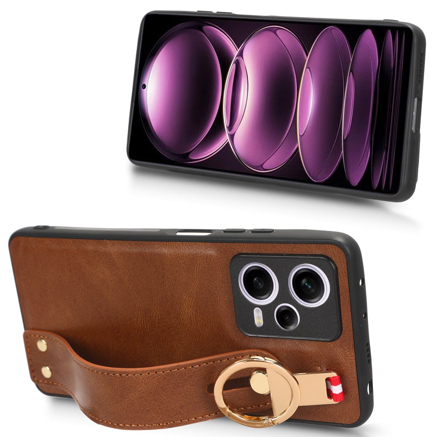 For Xiaomi Redmi Note 12 Pro 5G Wristband Kickstand PU Leather Coated PC+TPU Phone Case with Neck Strap