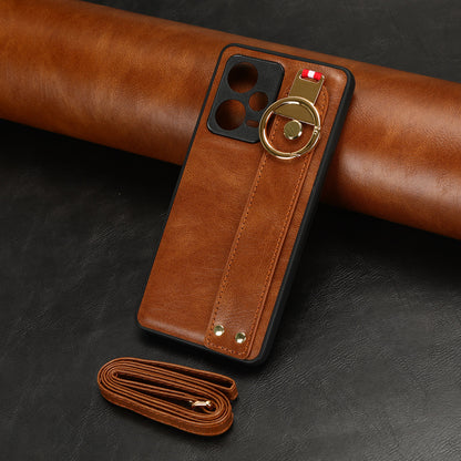 For Xiaomi Redmi Note 12 Pro 5G Wristband Kickstand PU Leather Coated PC+TPU Phone Case with Neck Strap