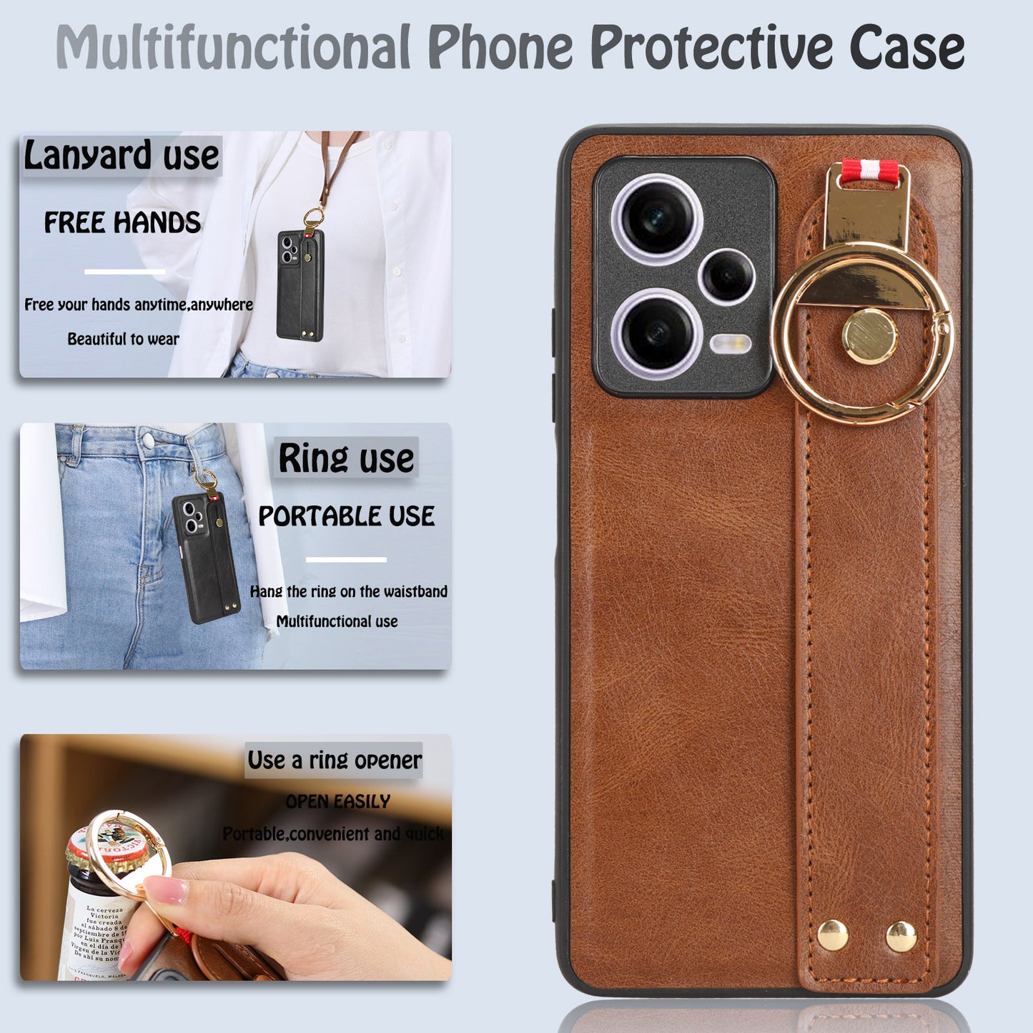 For Xiaomi Redmi Note 12 Pro 5G Wristband Kickstand PU Leather Coated PC+TPU Phone Case with Neck Strap