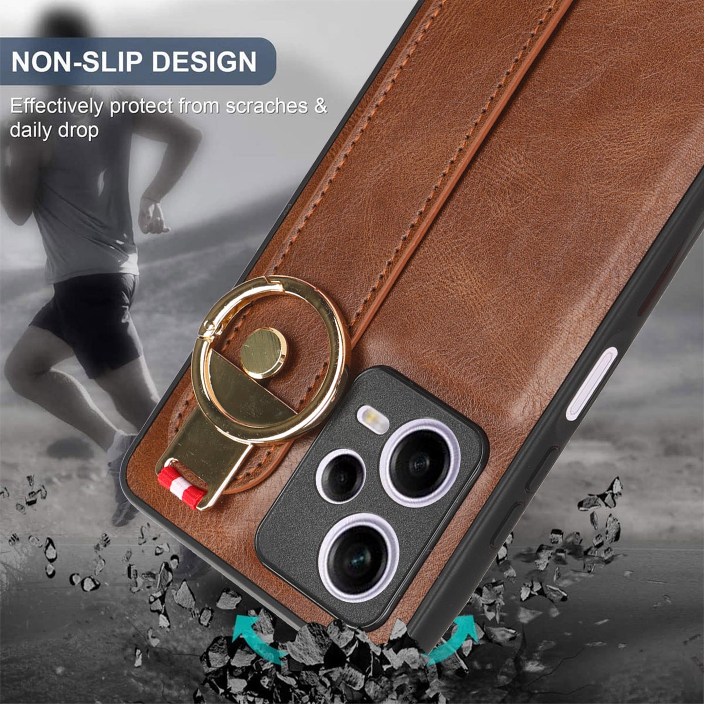 For Xiaomi Redmi Note 12 Pro 5G Wristband Kickstand PU Leather Coated PC+TPU Phone Case with Neck Strap