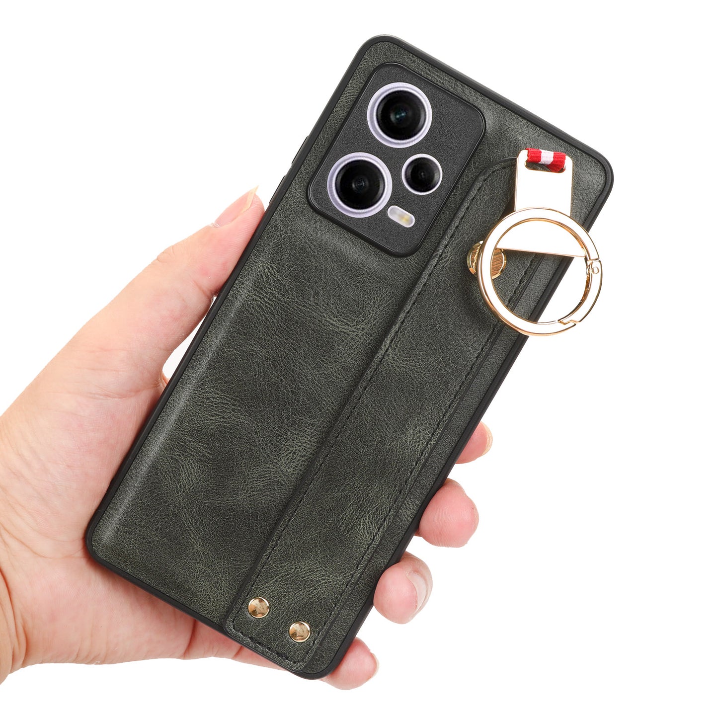 For Xiaomi Redmi Note 12 Pro 5G Wristband Kickstand PU Leather Coated PC+TPU Phone Case with Neck Strap