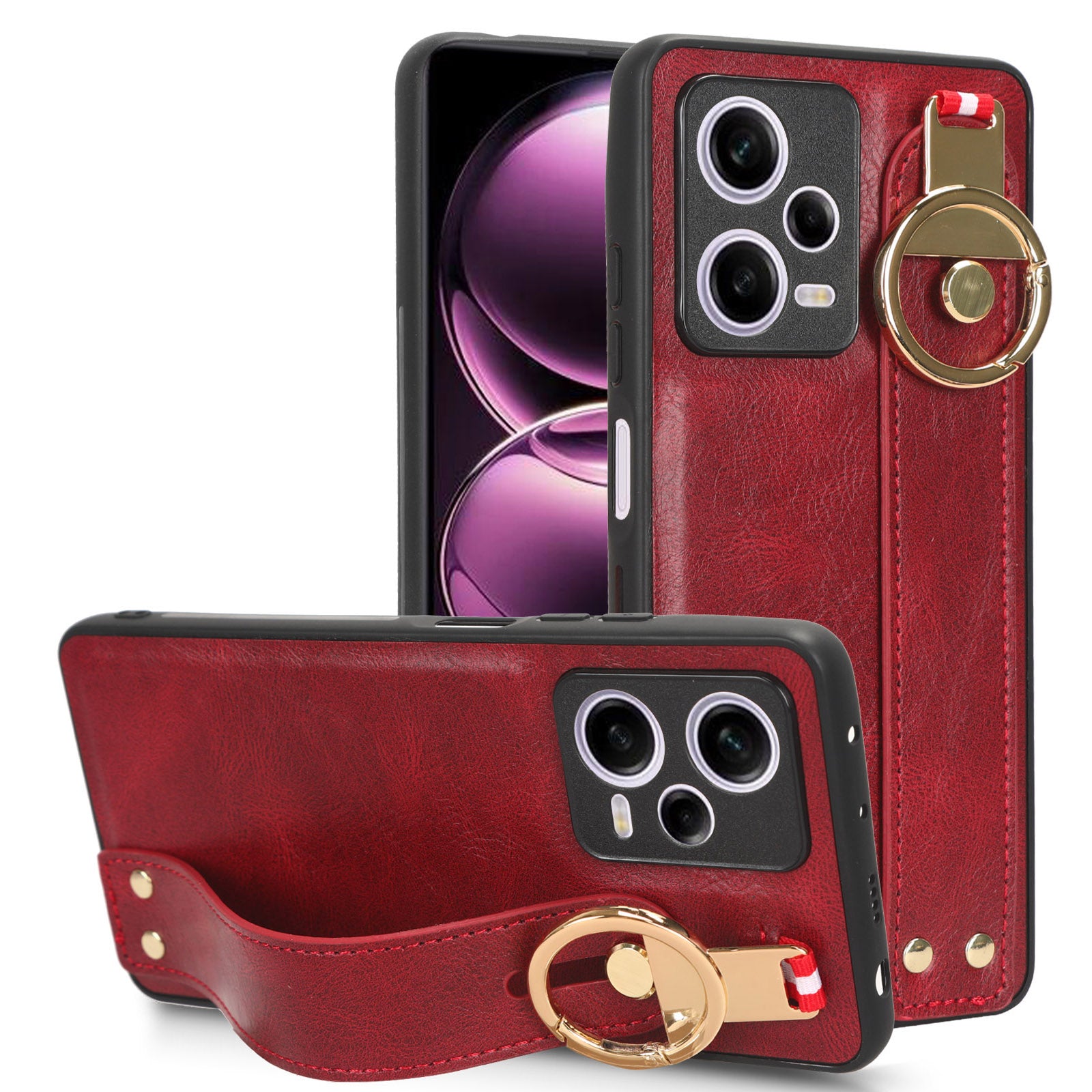 For Xiaomi Redmi Note 12 Pro 5G Wristband Kickstand PU Leather Coated PC+TPU Phone Case with Neck Strap