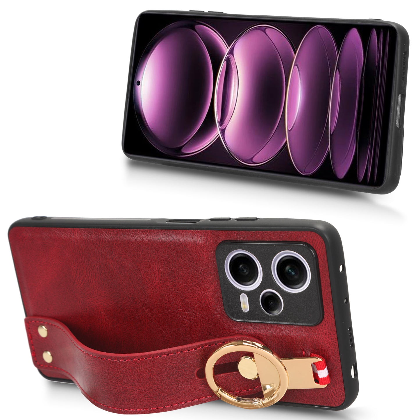 For Xiaomi Redmi Note 12 Pro 5G Wristband Kickstand PU Leather Coated PC+TPU Phone Case with Neck Strap