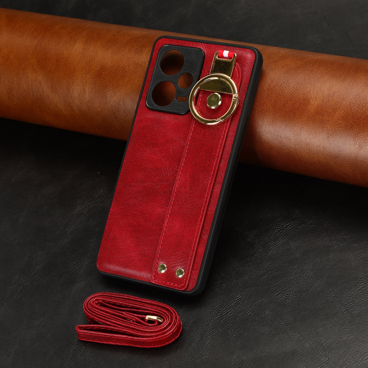 For Xiaomi Redmi Note 12 Pro 5G Wristband Kickstand PU Leather Coated PC+TPU Phone Case with Neck Strap