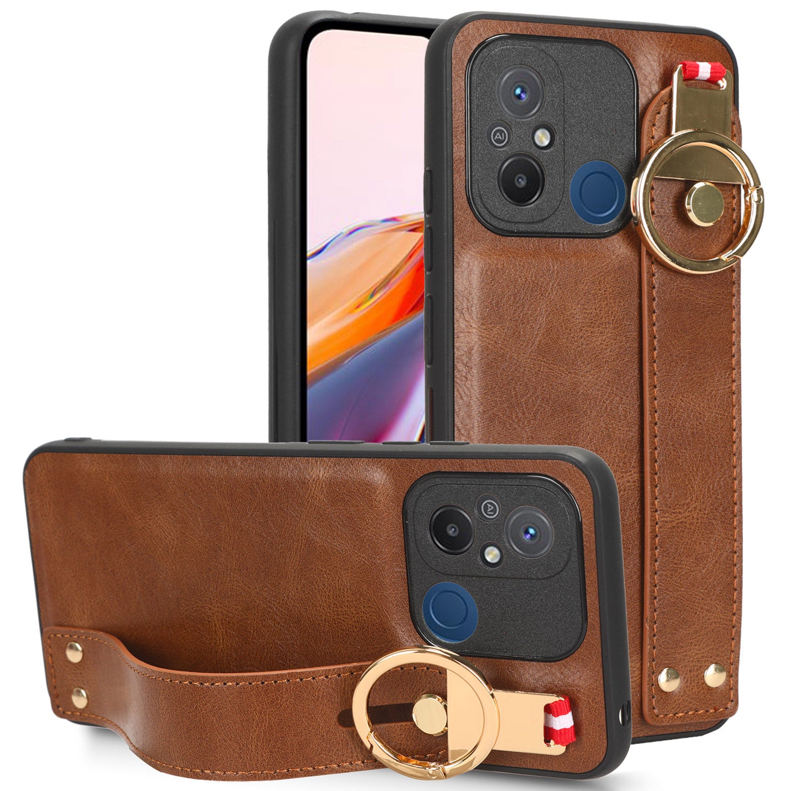 For Xiaomi Redmi 12C 4G / Poco C55 4G Wristband Kickstand Cover PU Leather Coated PC+TPU Phone Case with Neck Strap
