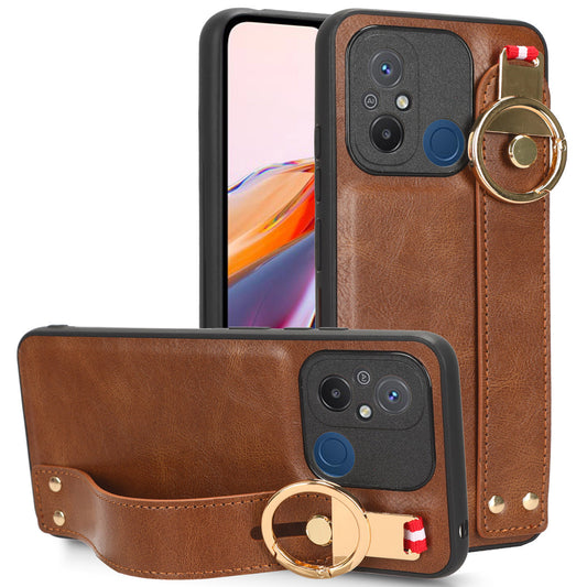 For Xiaomi Redmi 12C 4G / Poco C55 4G Wristband Kickstand Cover PU Leather Coated PC+TPU Phone Case with Neck Strap