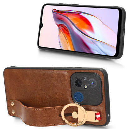 For Xiaomi Redmi 12C 4G / Poco C55 4G Wristband Kickstand Cover PU Leather Coated PC+TPU Phone Case with Neck Strap
