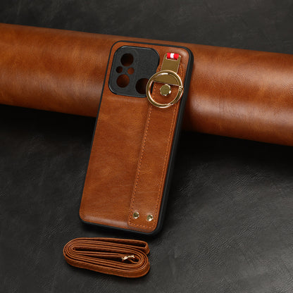 For Xiaomi Redmi 12C 4G / Poco C55 4G Wristband Kickstand Cover PU Leather Coated PC+TPU Phone Case with Neck Strap