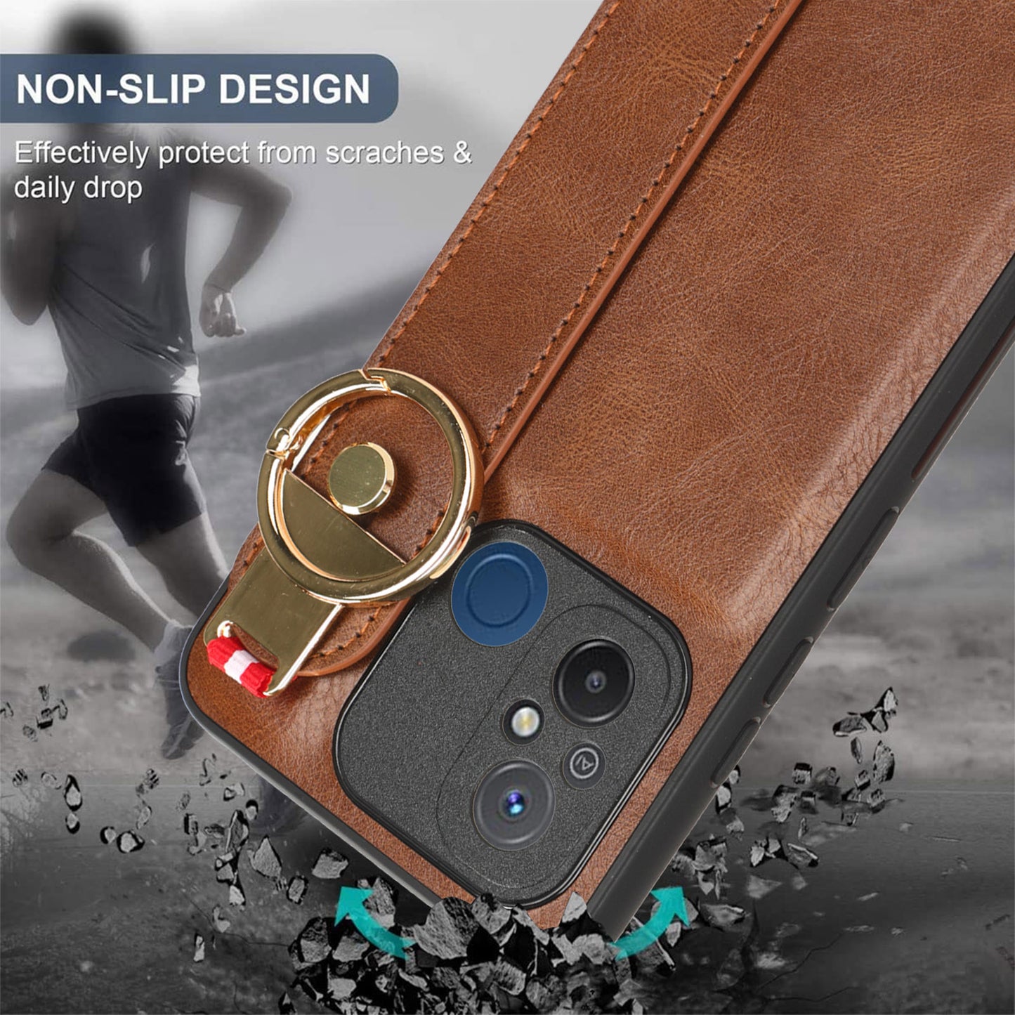 For Xiaomi Redmi 12C 4G / Poco C55 4G Wristband Kickstand Cover PU Leather Coated PC+TPU Phone Case with Neck Strap
