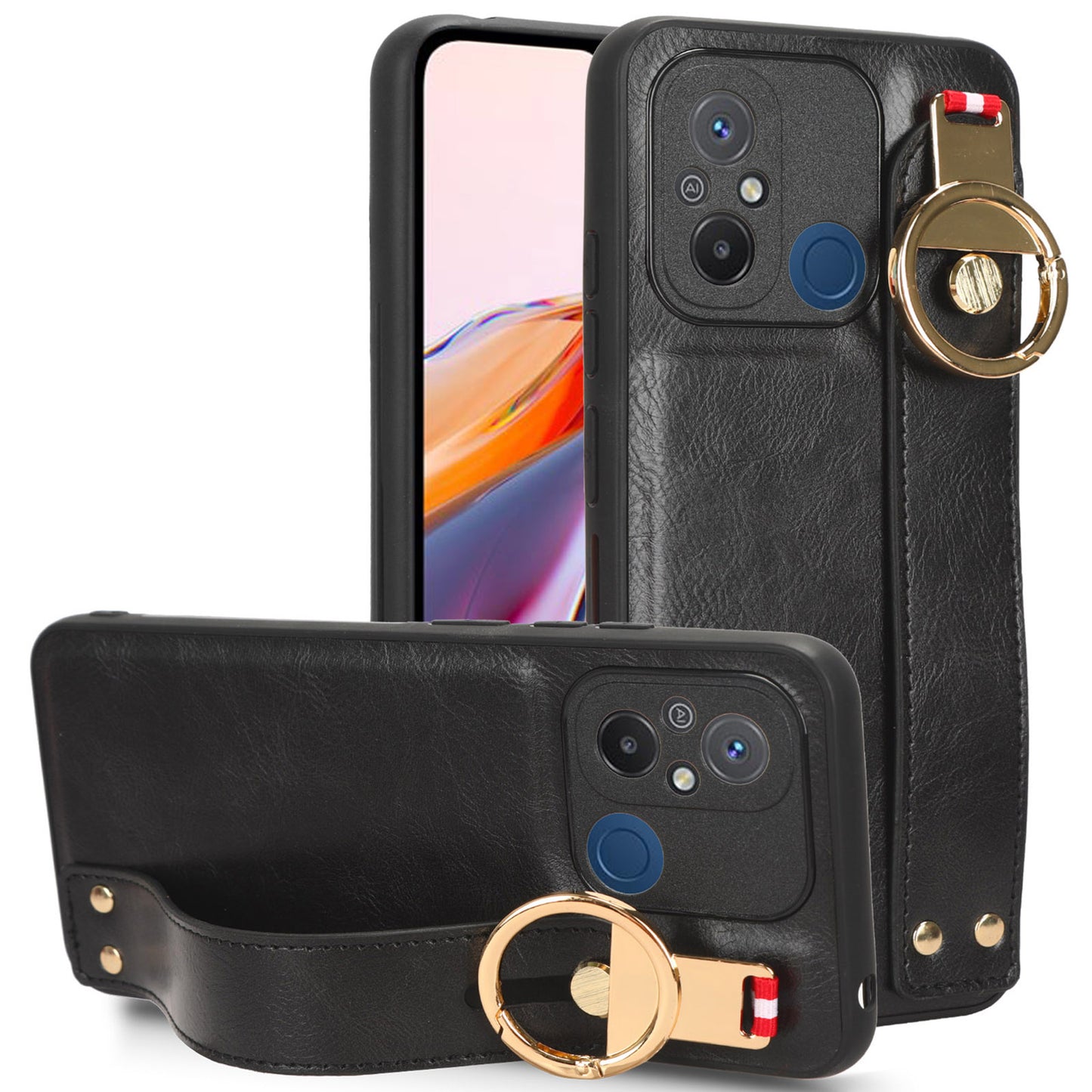 For Xiaomi Redmi 12C 4G / Poco C55 4G Wristband Kickstand Cover PU Leather Coated PC+TPU Phone Case with Neck Strap
