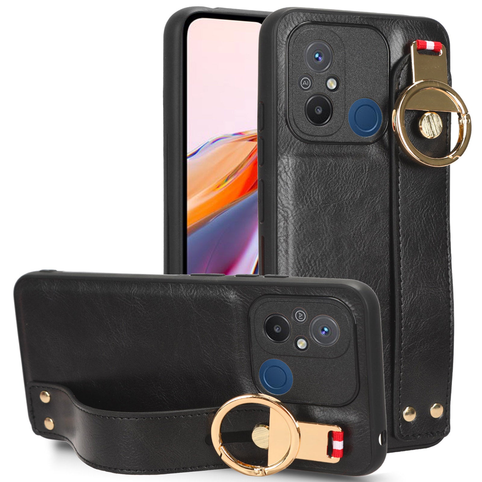 For Xiaomi Redmi 12C 4G / Poco C55 4G Wristband Kickstand Cover PU Leather Coated PC+TPU Phone Case with Neck Strap