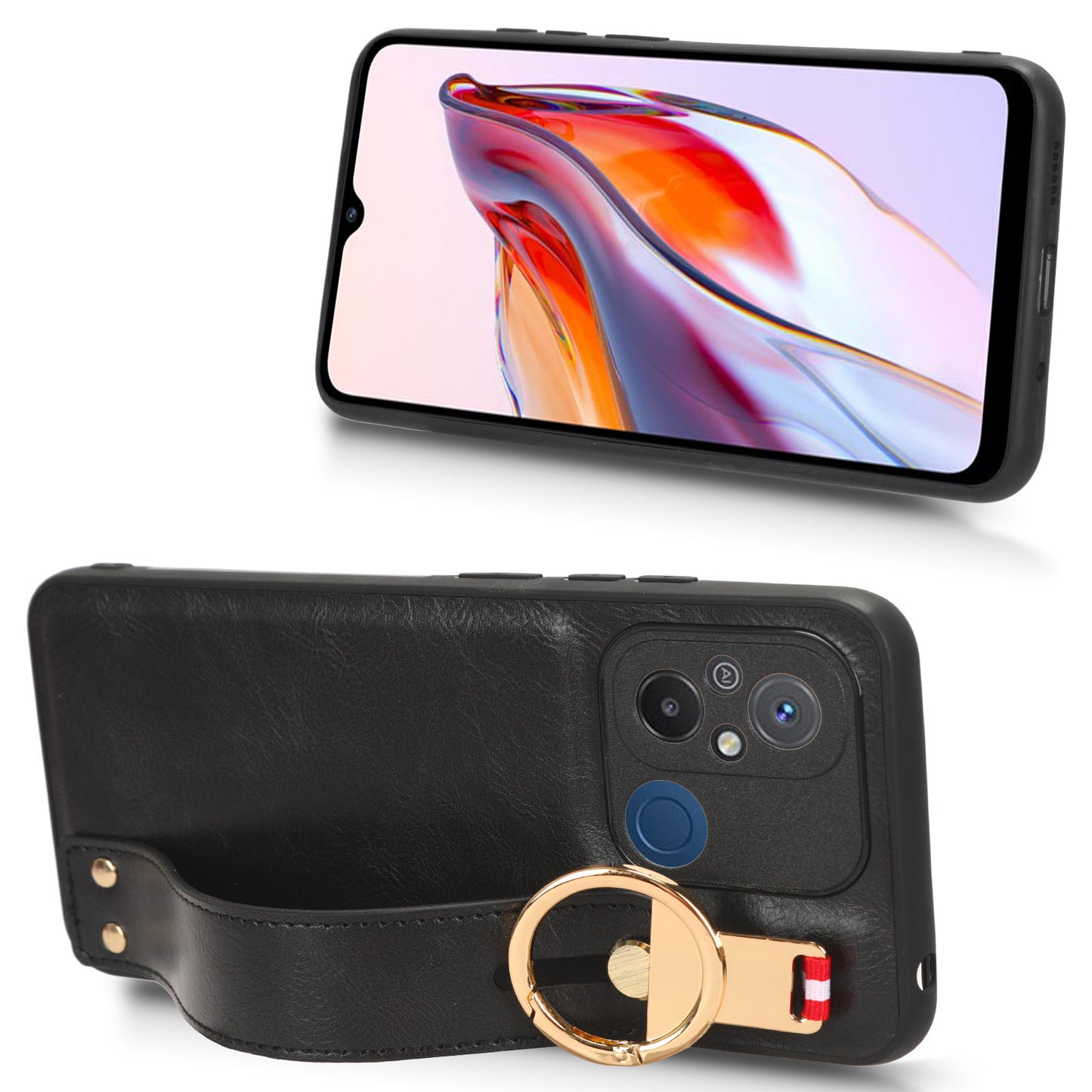 For Xiaomi Redmi 12C 4G / Poco C55 4G Wristband Kickstand Cover PU Leather Coated PC+TPU Phone Case with Neck Strap
