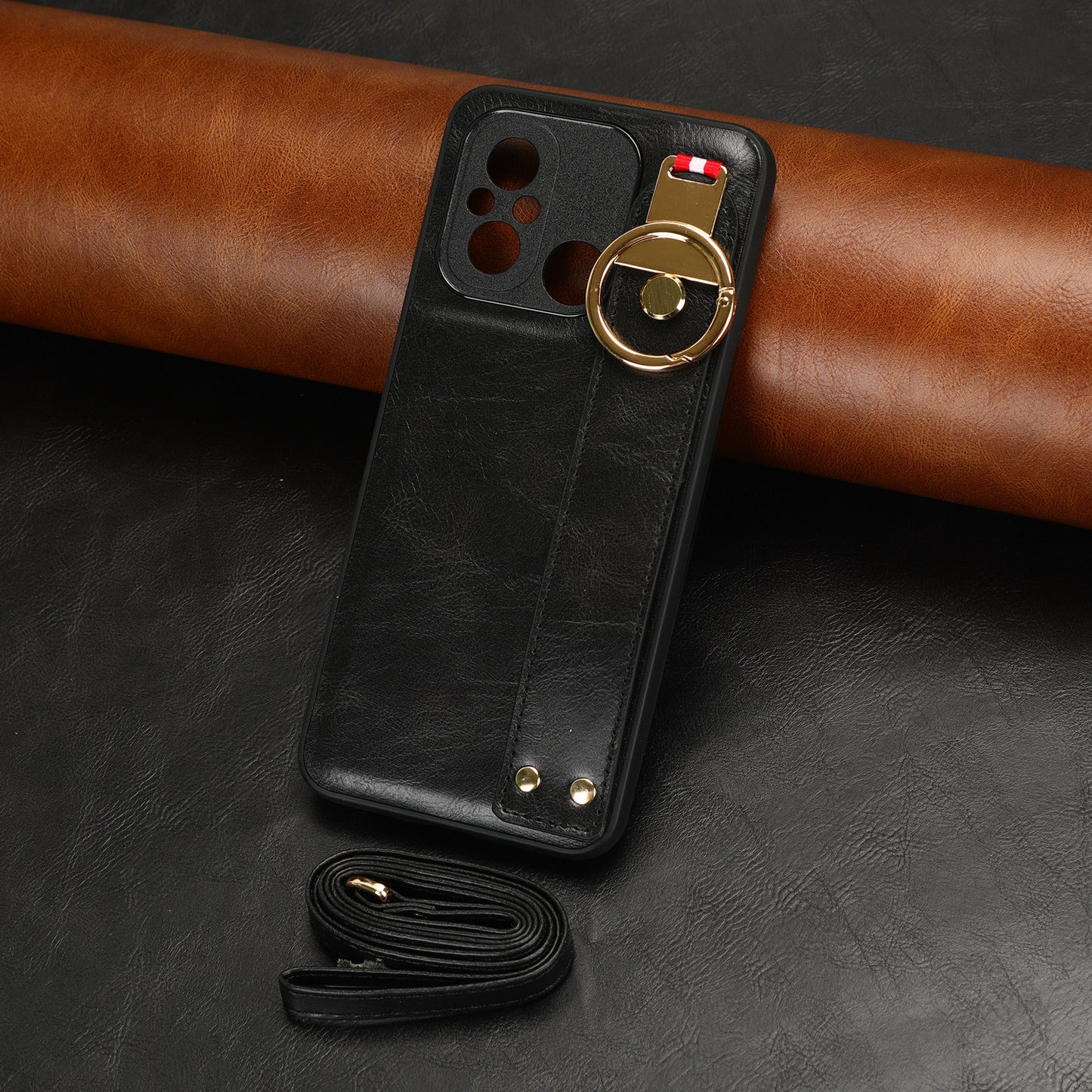 For Xiaomi Redmi 12C 4G / Poco C55 4G Wristband Kickstand Cover PU Leather Coated PC+TPU Phone Case with Neck Strap