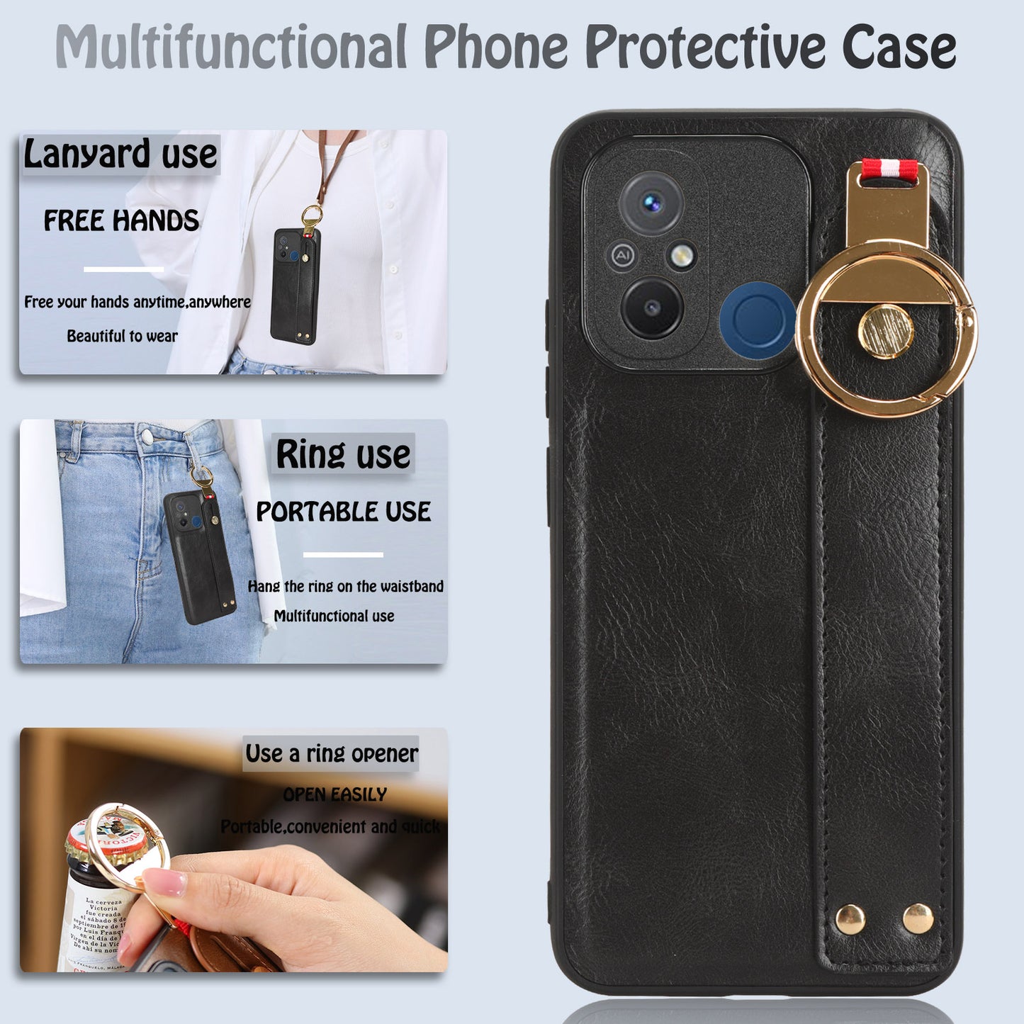 For Xiaomi Redmi 12C 4G / Poco C55 4G Wristband Kickstand Cover PU Leather Coated PC+TPU Phone Case with Neck Strap