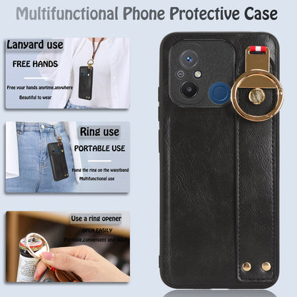 For Xiaomi Redmi 12C 4G / Poco C55 4G Wristband Kickstand Cover PU Leather Coated PC+TPU Phone Case with Neck Strap