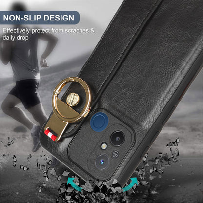For Xiaomi Redmi 12C 4G / Poco C55 4G Wristband Kickstand Cover PU Leather Coated PC+TPU Phone Case with Neck Strap