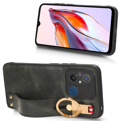 For Xiaomi Redmi 12C 4G / Poco C55 4G Wristband Kickstand Cover PU Leather Coated PC+TPU Phone Case with Neck Strap