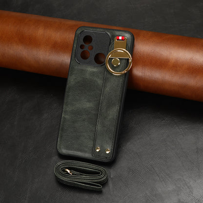 For Xiaomi Redmi 12C 4G / Poco C55 4G Wristband Kickstand Cover PU Leather Coated PC+TPU Phone Case with Neck Strap