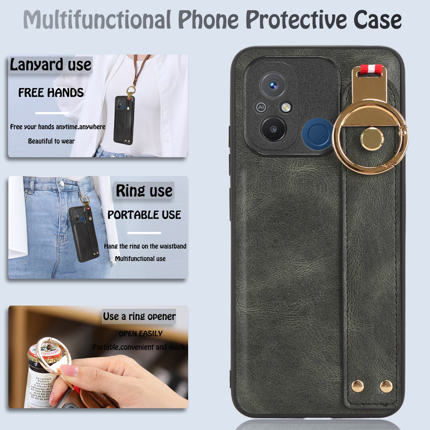 For Xiaomi Redmi 12C 4G / Poco C55 4G Wristband Kickstand Cover PU Leather Coated PC+TPU Phone Case with Neck Strap