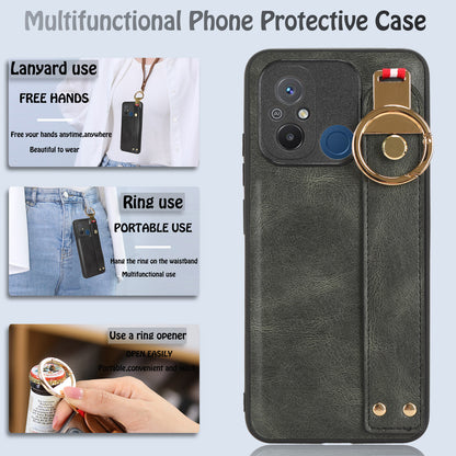 For Xiaomi Redmi 12C 4G / Poco C55 4G Wristband Kickstand Cover PU Leather Coated PC+TPU Phone Case with Neck Strap