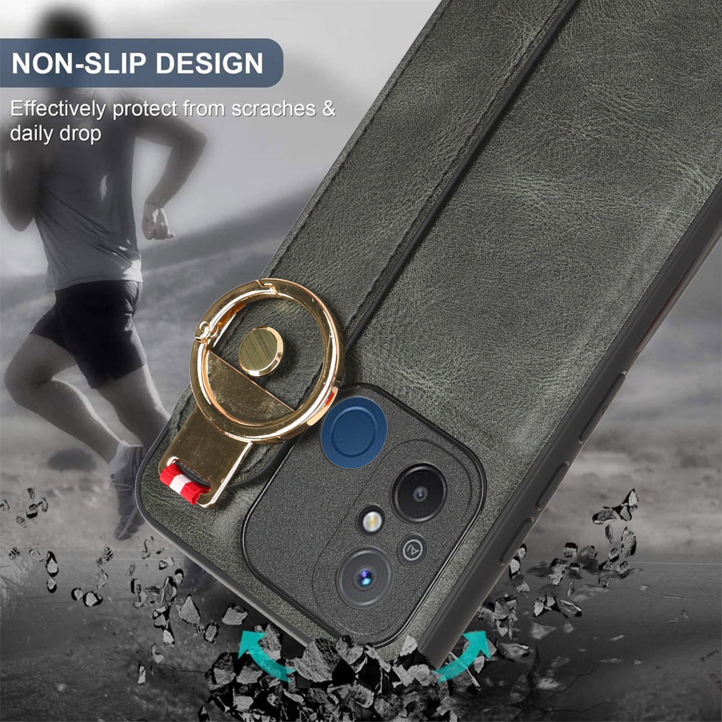 For Xiaomi Redmi 12C 4G / Poco C55 4G Wristband Kickstand Cover PU Leather Coated PC+TPU Phone Case with Neck Strap