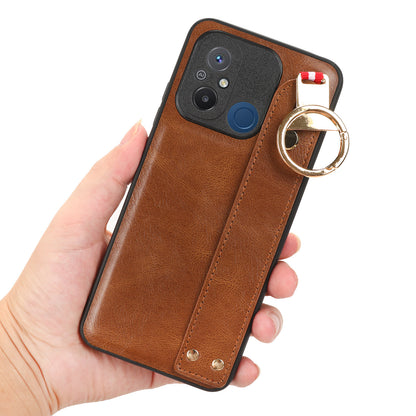 For Xiaomi Redmi 12C 4G / Poco C55 4G Wristband Kickstand Cover PU Leather Coated PC+TPU Phone Case with Neck Strap