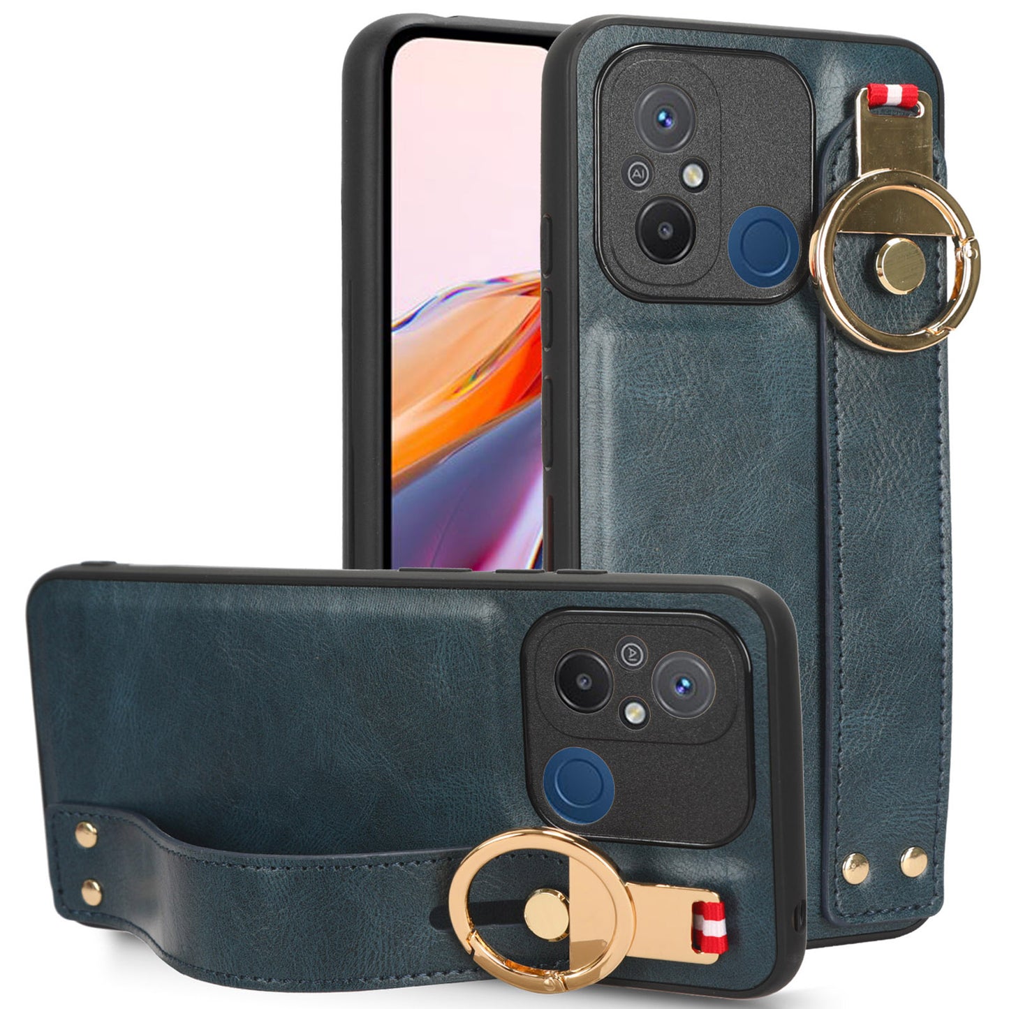 For Xiaomi Redmi 12C 4G / Poco C55 4G Wristband Kickstand Cover PU Leather Coated PC+TPU Phone Case with Neck Strap