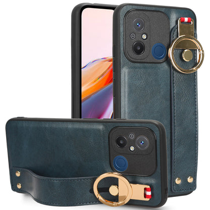 For Xiaomi Redmi 12C 4G / Poco C55 4G Wristband Kickstand Cover PU Leather Coated PC+TPU Phone Case with Neck Strap