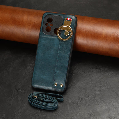 For Xiaomi Redmi 12C 4G / Poco C55 4G Wristband Kickstand Cover PU Leather Coated PC+TPU Phone Case with Neck Strap