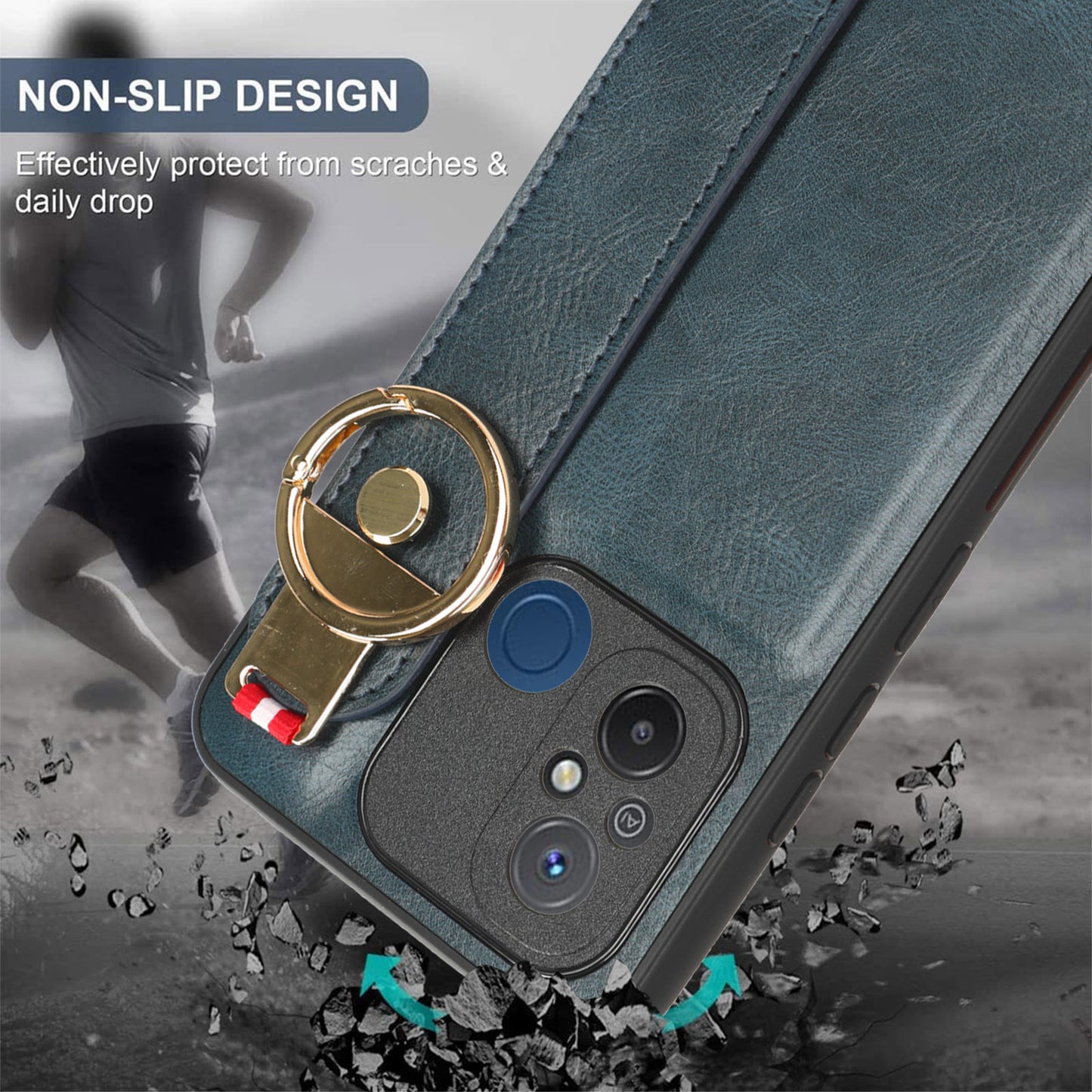 For Xiaomi Redmi 12C 4G / Poco C55 4G Wristband Kickstand Cover PU Leather Coated PC+TPU Phone Case with Neck Strap