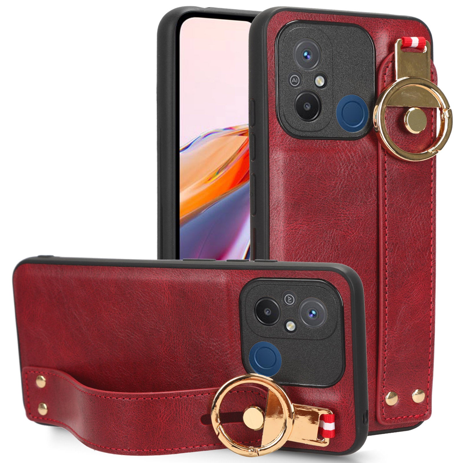 For Xiaomi Redmi 12C 4G / Poco C55 4G Wristband Kickstand Cover PU Leather Coated PC+TPU Phone Case with Neck Strap