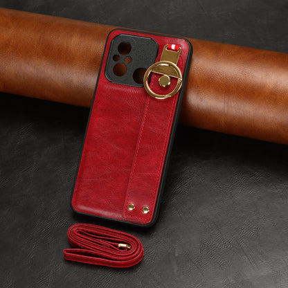 For Xiaomi Redmi 12C 4G / Poco C55 4G Wristband Kickstand Cover PU Leather Coated PC+TPU Phone Case with Neck Strap