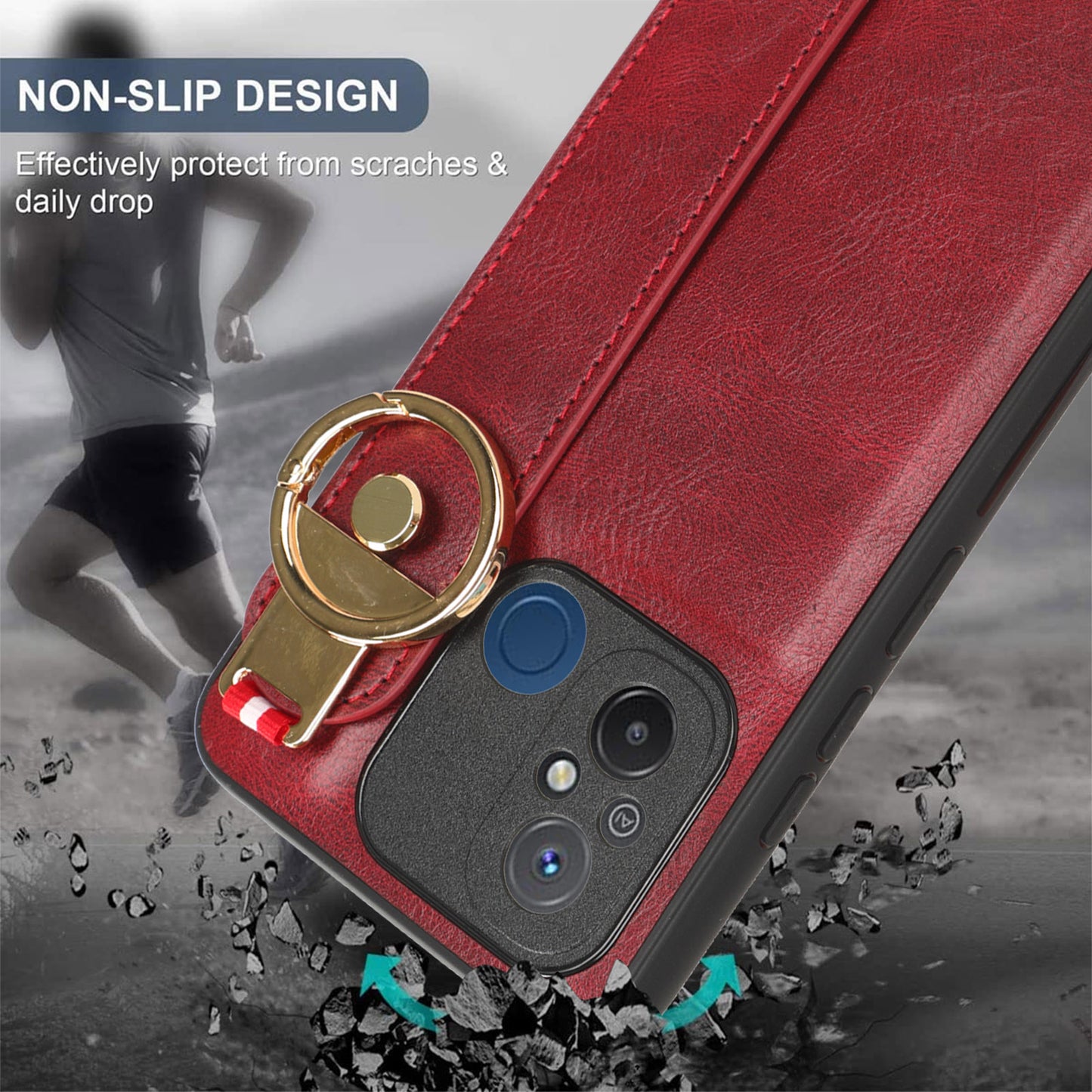For Xiaomi Redmi 12C 4G / Poco C55 4G Wristband Kickstand Cover PU Leather Coated PC+TPU Phone Case with Neck Strap
