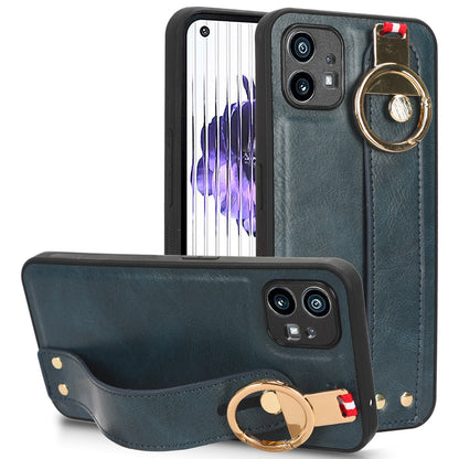 For Nothing phone (1) 5G Wristband Kickstand Phone Cover Leather Coated PC+TPU Phone Case with Neck Strap