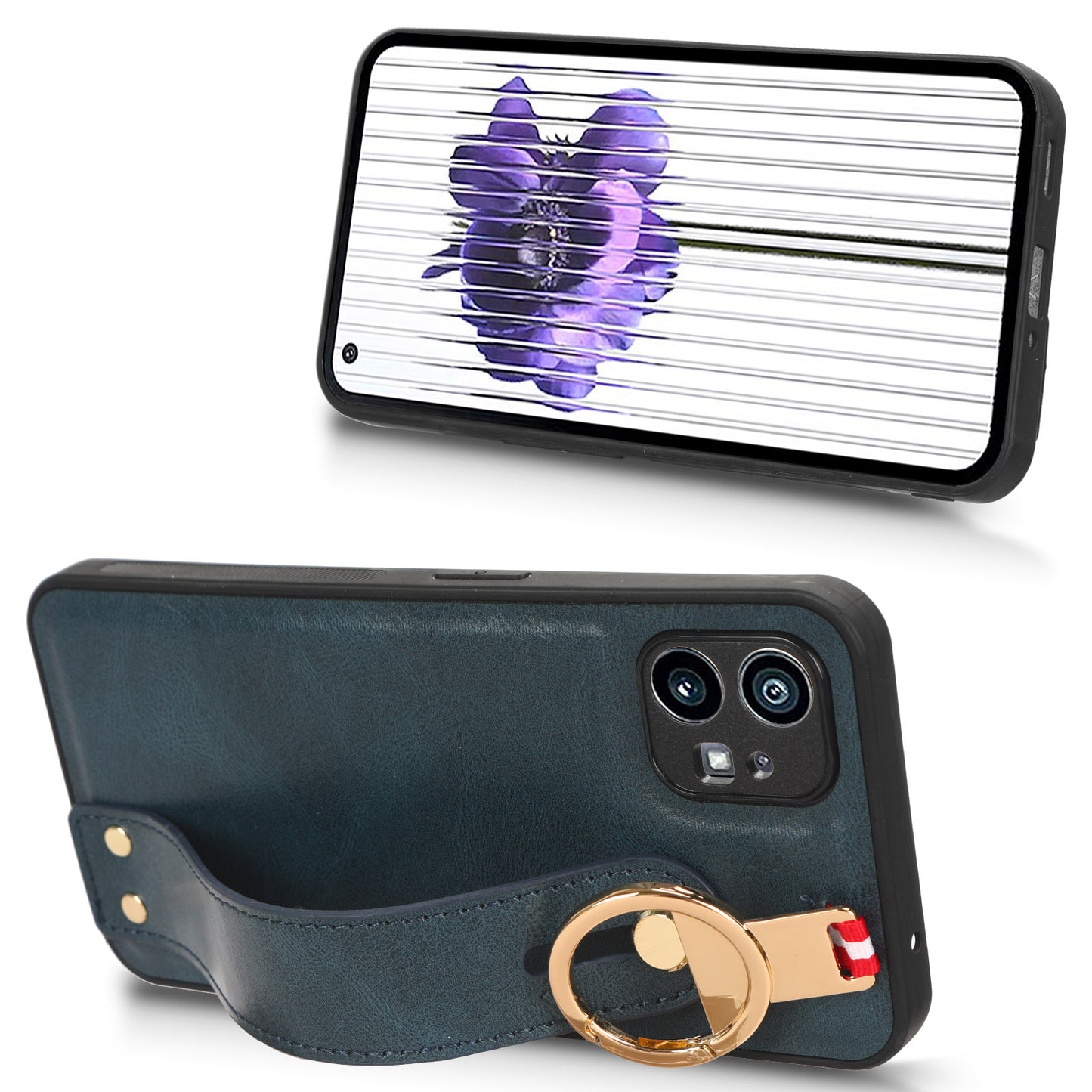 For Nothing phone (1) 5G Wristband Kickstand Phone Cover Leather Coated PC+TPU Phone Case with Neck Strap