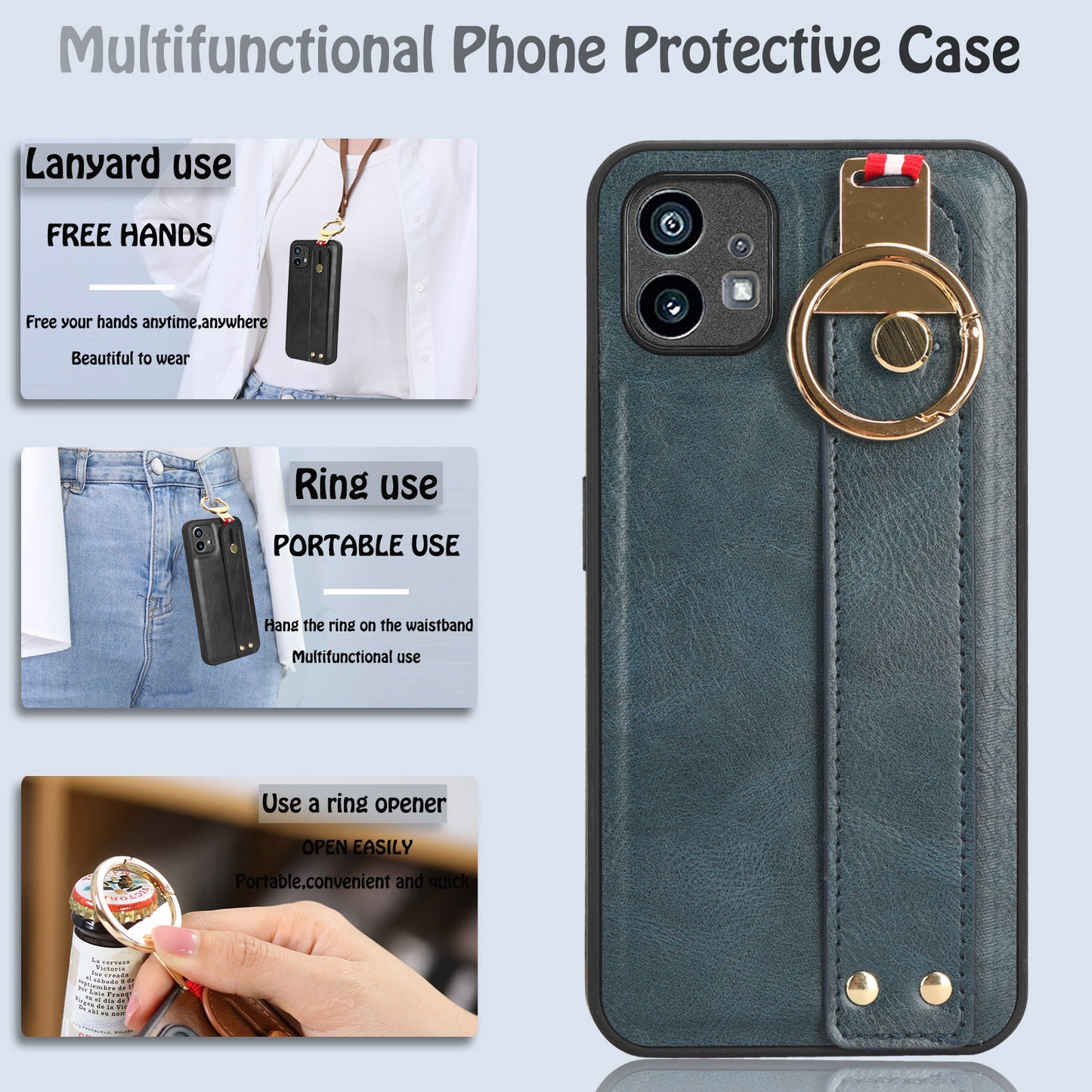 For Nothing phone (1) 5G Wristband Kickstand Phone Cover Leather Coated PC+TPU Phone Case with Neck Strap