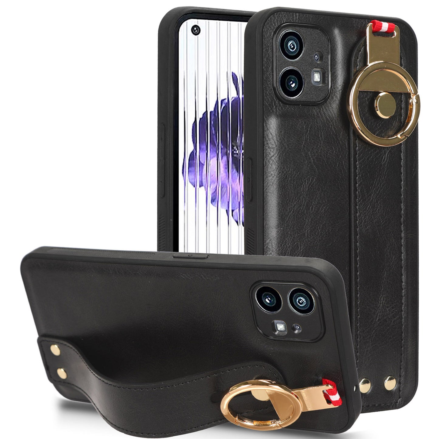 For Nothing phone (1) 5G Wristband Kickstand Phone Cover Leather Coated PC+TPU Phone Case with Neck Strap
