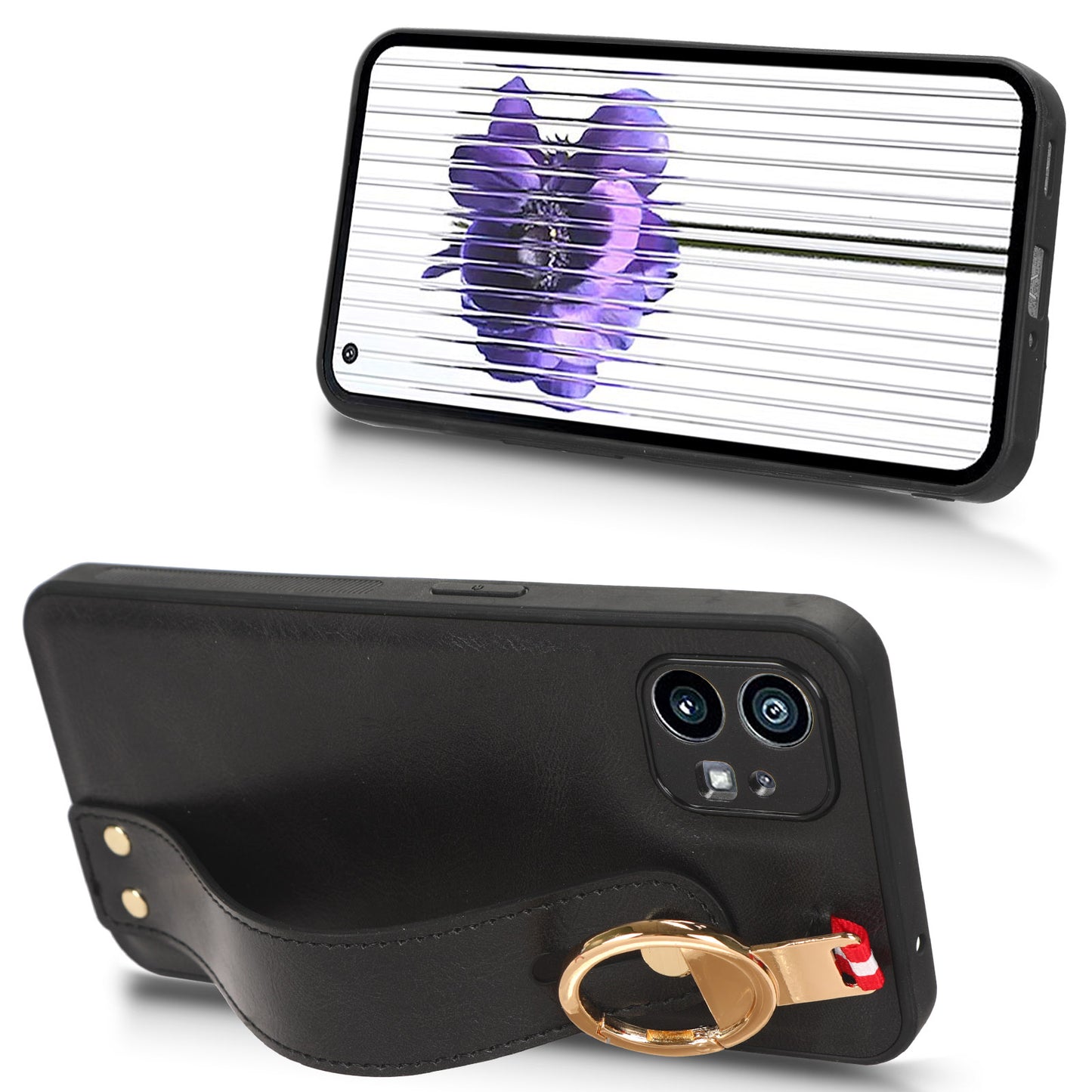 For Nothing phone (1) 5G Wristband Kickstand Phone Cover Leather Coated PC+TPU Phone Case with Neck Strap