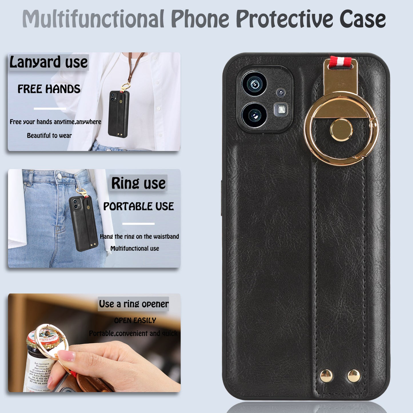 For Nothing phone (1) 5G Wristband Kickstand Phone Cover Leather Coated PC+TPU Phone Case with Neck Strap