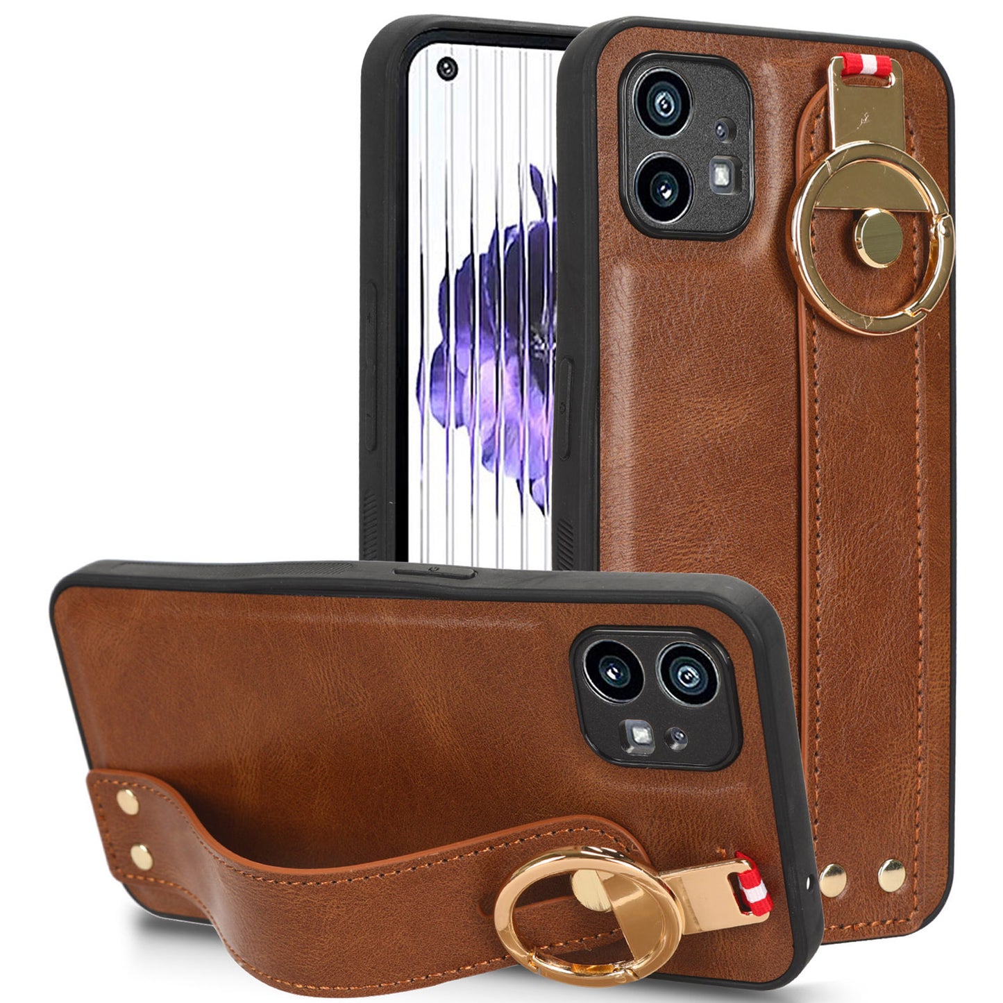 For Nothing phone (1) 5G Wristband Kickstand Phone Cover Leather Coated PC+TPU Phone Case with Neck Strap