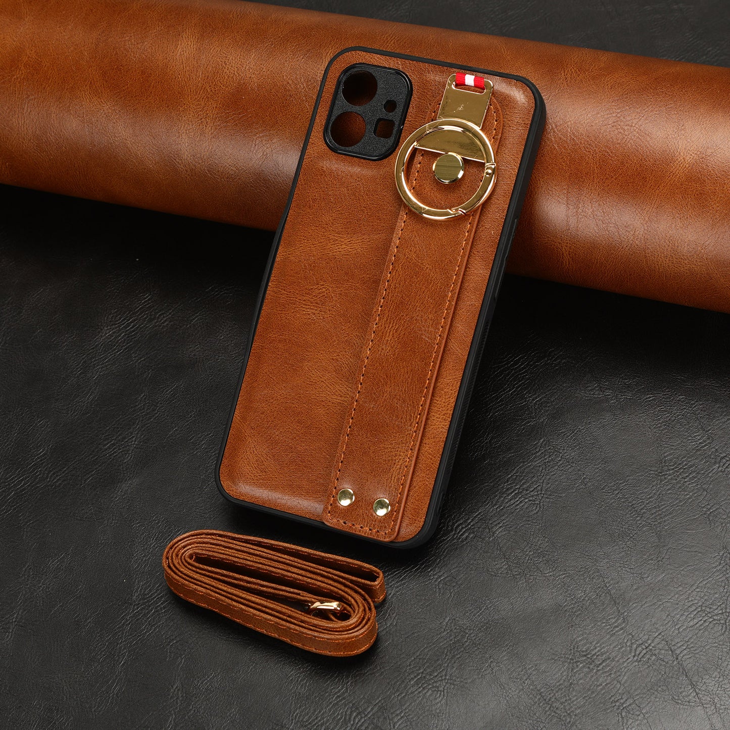 For Nothing phone (1) 5G Wristband Kickstand Phone Cover Leather Coated PC+TPU Phone Case with Neck Strap