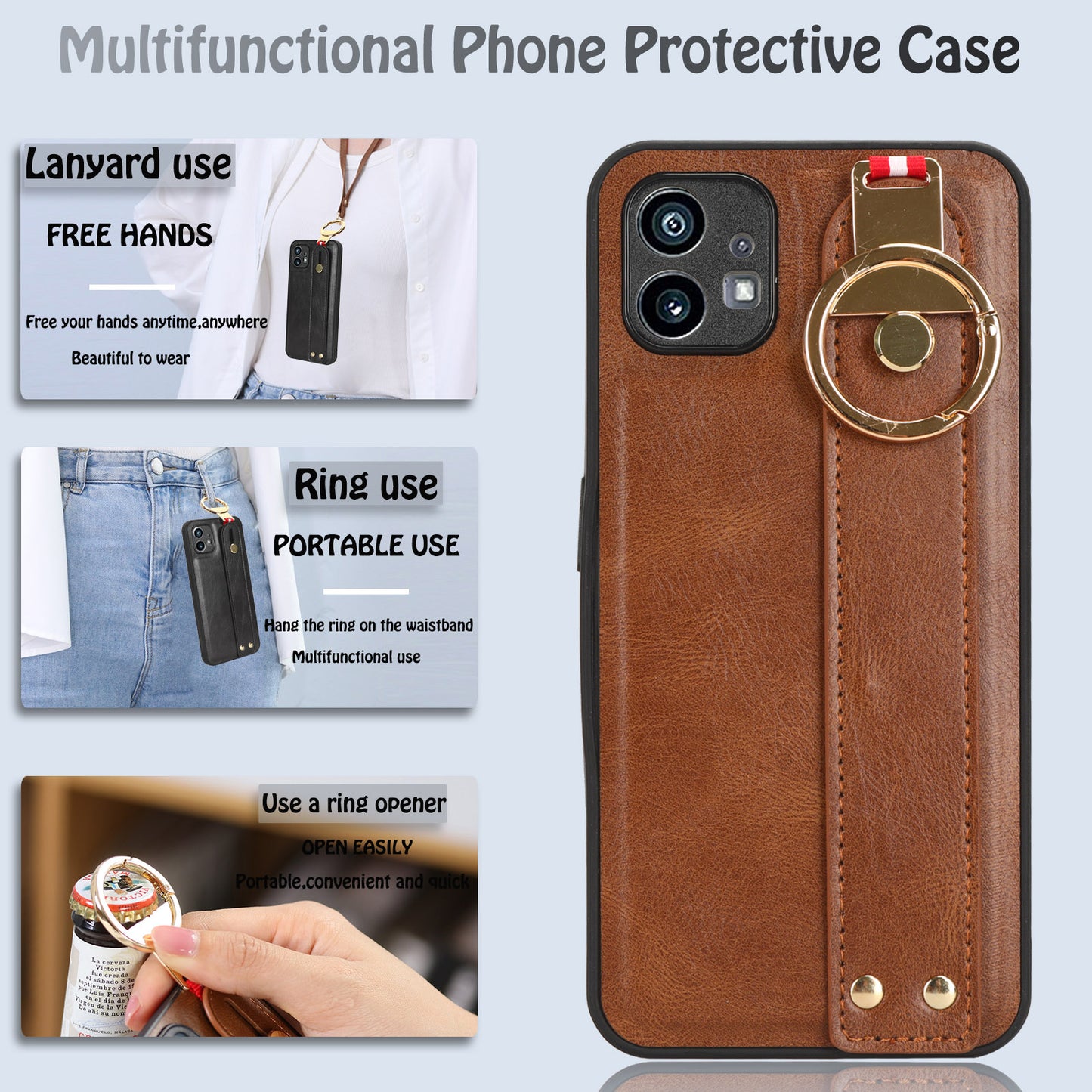 For Nothing phone (1) 5G Wristband Kickstand Phone Cover Leather Coated PC+TPU Phone Case with Neck Strap