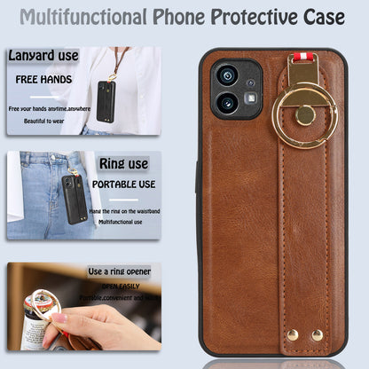 For Nothing phone (1) 5G Wristband Kickstand Phone Cover Leather Coated PC+TPU Phone Case with Neck Strap