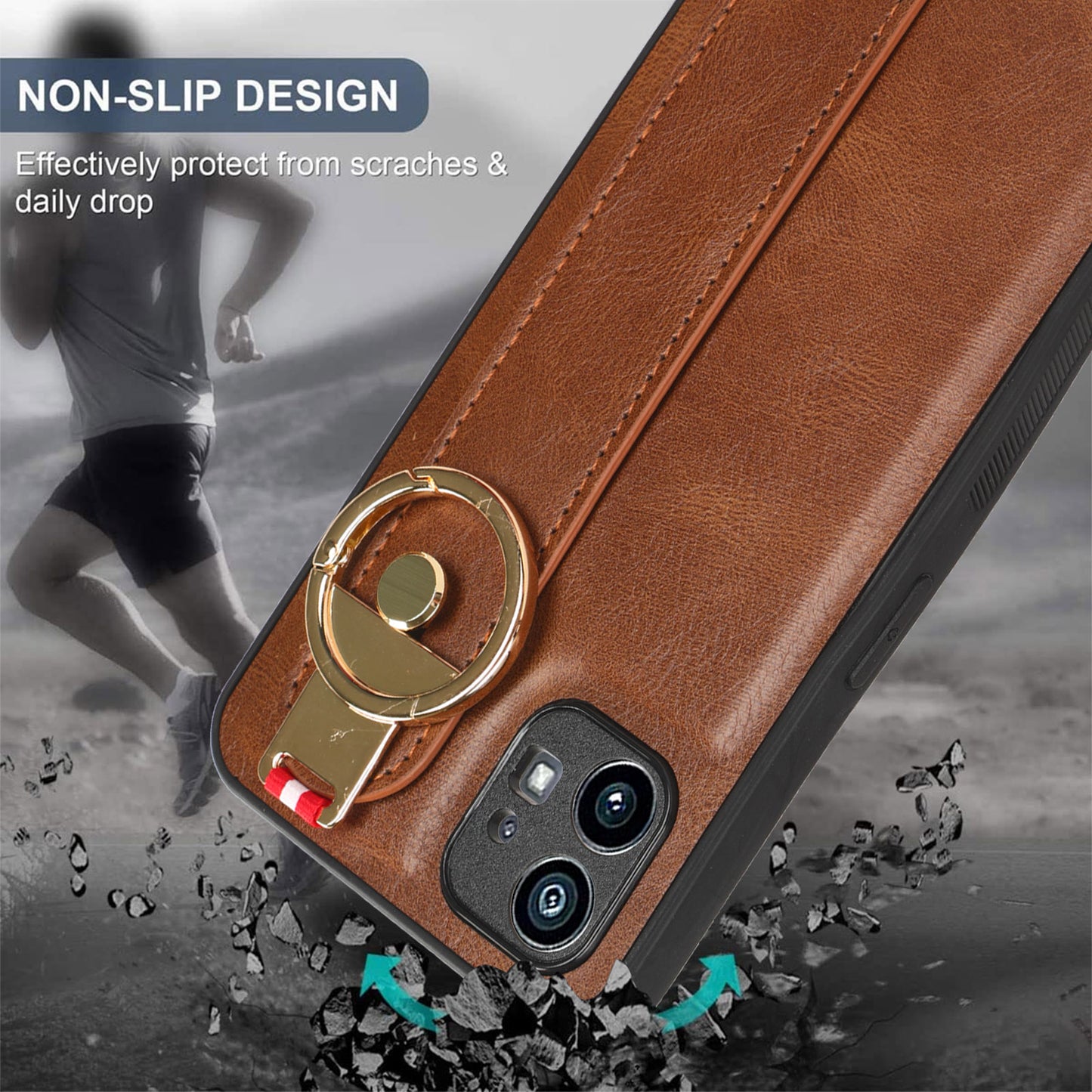 For Nothing phone (1) 5G Wristband Kickstand Phone Cover Leather Coated PC+TPU Phone Case with Neck Strap