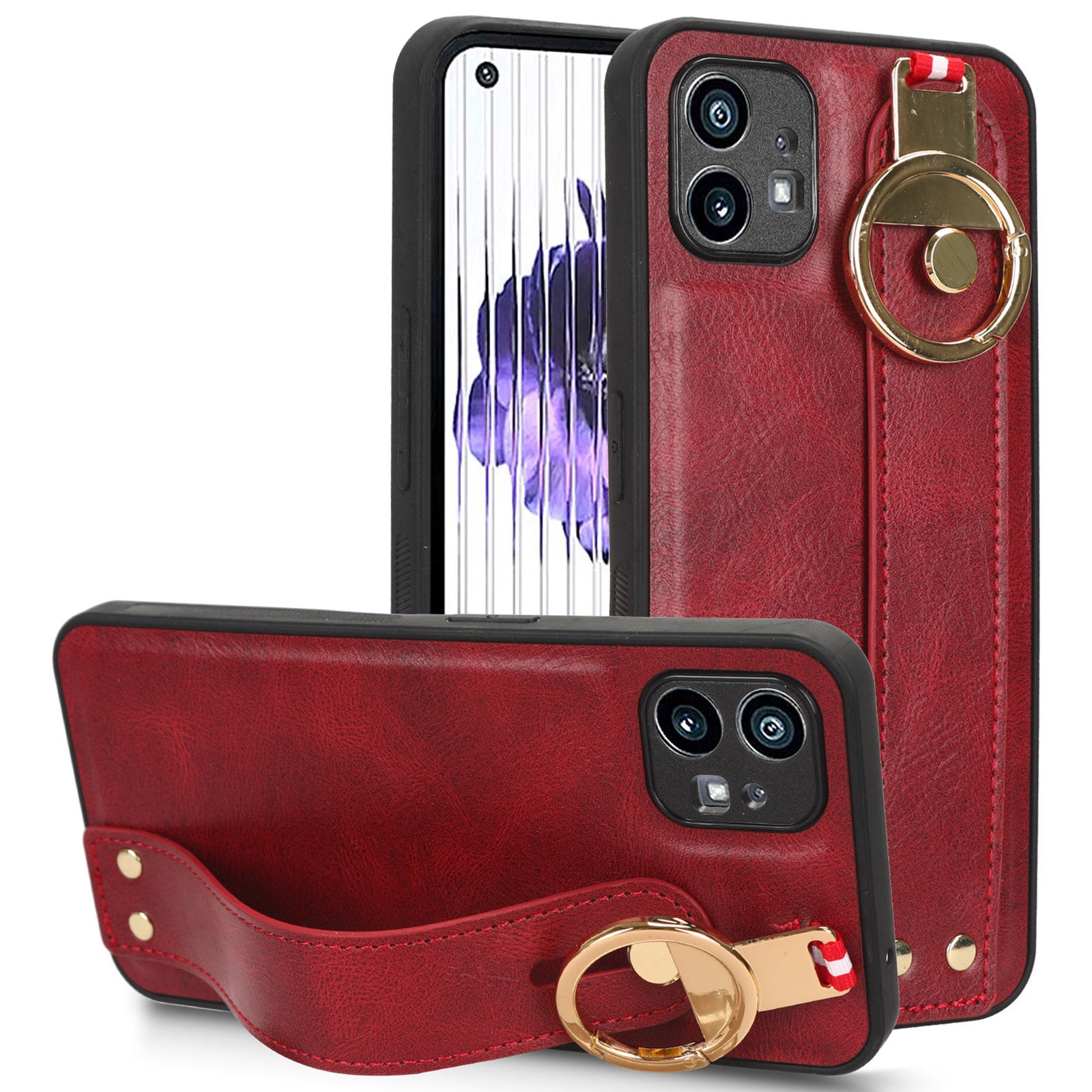 For Nothing phone (1) 5G Wristband Kickstand Phone Cover Leather Coated PC+TPU Phone Case with Neck Strap