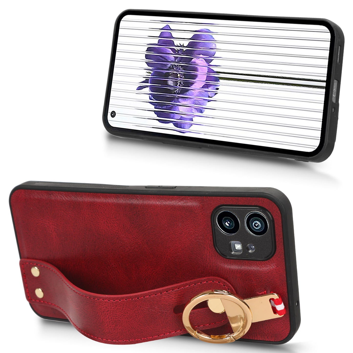 For Nothing phone (1) 5G Wristband Kickstand Phone Cover Leather Coated PC+TPU Phone Case with Neck Strap